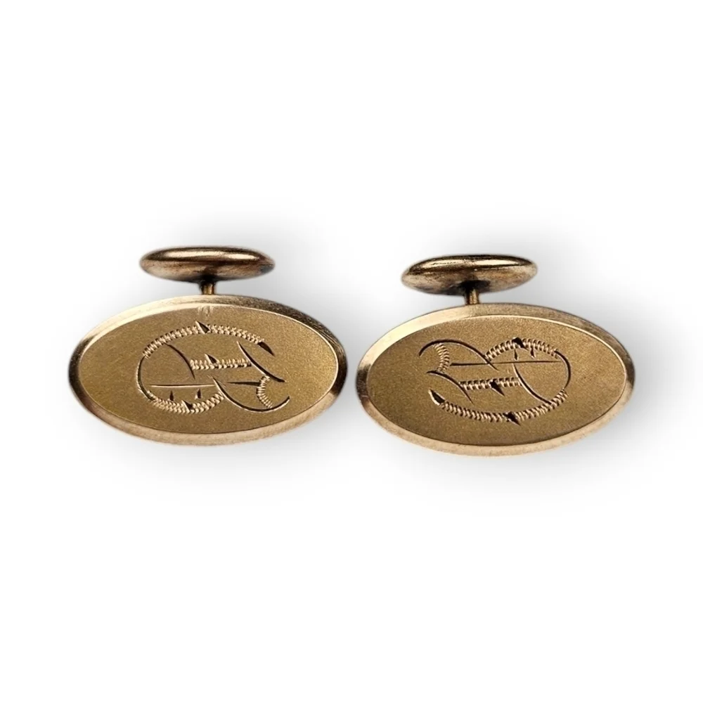 Antique Edwardian Cufflinks G Initial Monogram Gold Fill Oval Bean Back Pebon